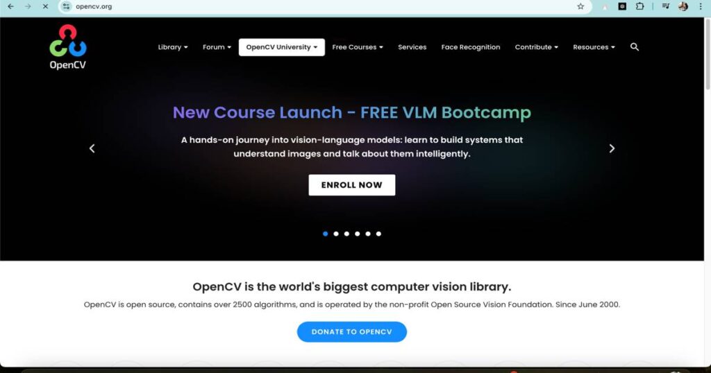 "OpenCV website homepage featuring computer vision learning resources and VLM bootcamp"