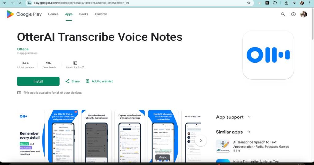 Otter AI app interface on Google Play Store showing features for voice transcription and meeting notes