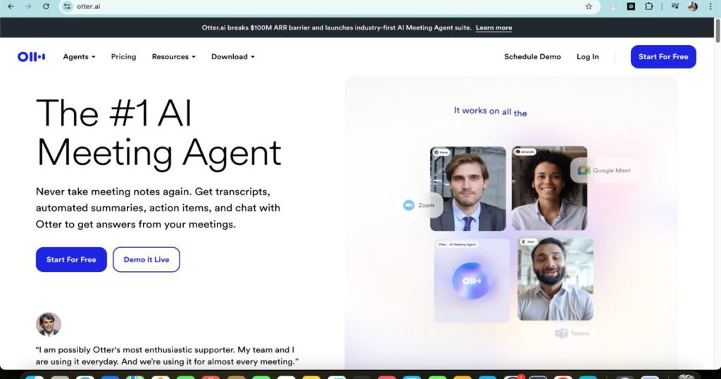 "Otter.ai homepage displaying AI meeting assistant features and video call integrations"