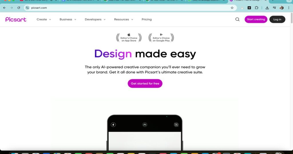 "Picsart AI homepage showing design tools and AI-powered creative suite"