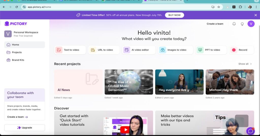 Pictory AI video creation tool interface for making baby videos