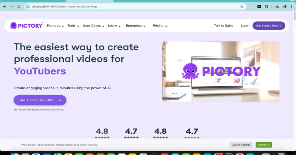 Screenshot of Pictory.ai homepage – an AI video creation tool used to make cat videos without editing experience.
