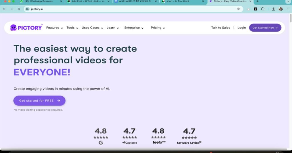 "Pictory homepage showing AI-powered video creation platform"