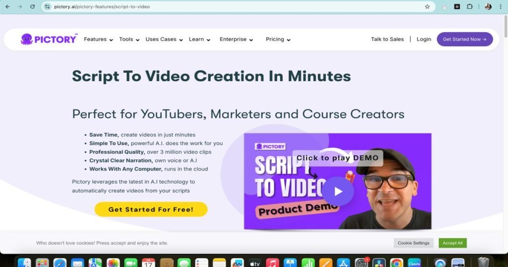 Pictory.ai script to video interface for creating AI-powered business videos