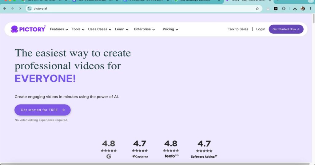 "Homepage of Pictory AI video editor showcasing user-friendly video creation interface"