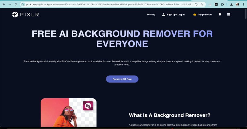 Pixlr AI background remover homepage with remove BG option