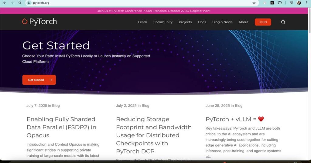"PyTorch official website interface for installing and launching deep learning models"