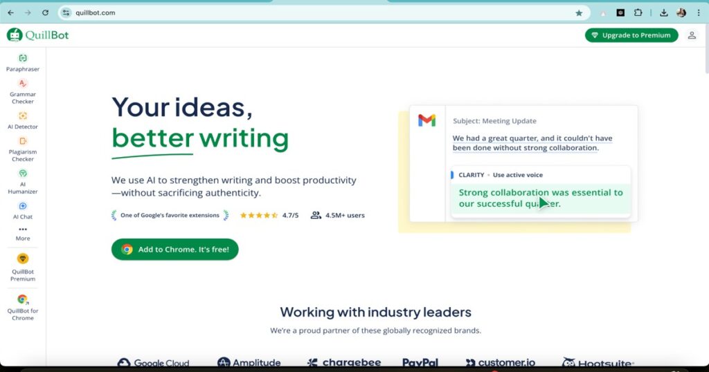 QuillBot homepage highlighting AI-powered paraphrasing and grammar correction features