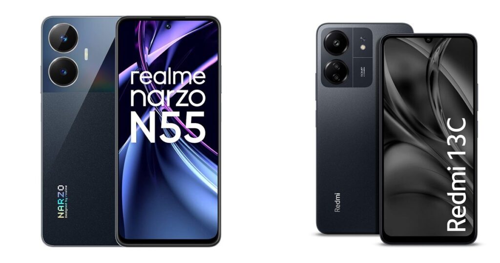 Side-by-side comparison of Redmi 13C and Realme Narzo N55 smartphones with AI features