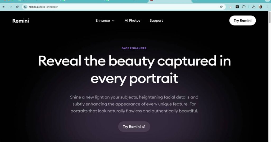 "Remini homepage showing AI face enhancer tool for improving portrait quality with natural details"