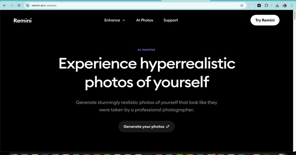Screenshot of Remini AI interface for generating hyperrealistic photos