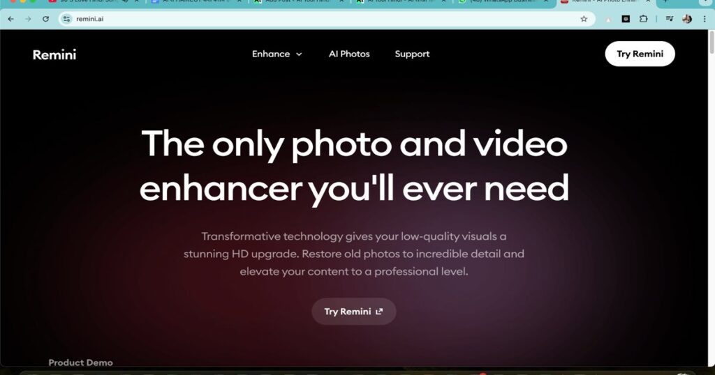 "Remini homepage showing AI photo and video enhancement features with HD upgrade capabilities"