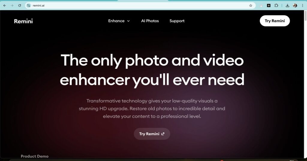 Remini AI photo and video enhancement interface