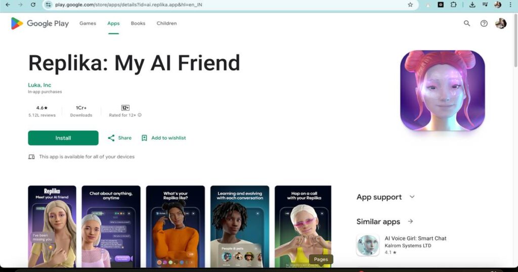 Replika AI app interface on Google Play Store showing virtual AI friend chat and features