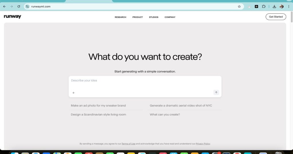Homepage of Runway ML showcasing AI-powered video creation interface for generating custom content.