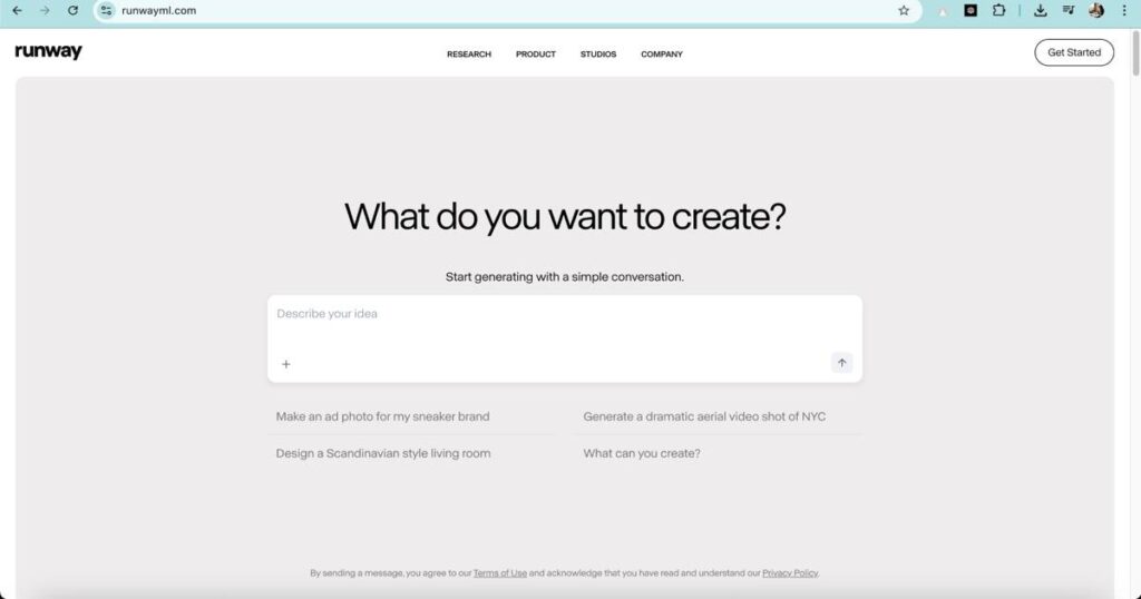 "Runway ML homepage interface for AI video creation from text prompts"