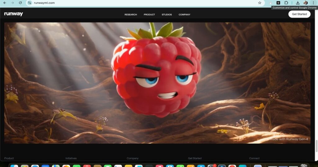 "Runway ML interface showing AI-generated cartoon animation of a raspberry character"