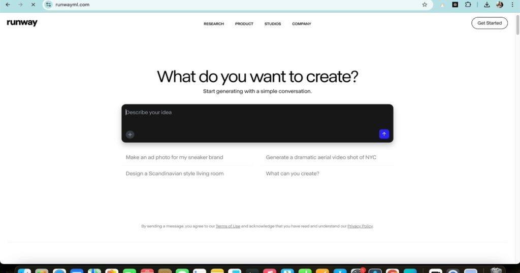 "Runway ML homepage interface for AI video editing and creative generation"