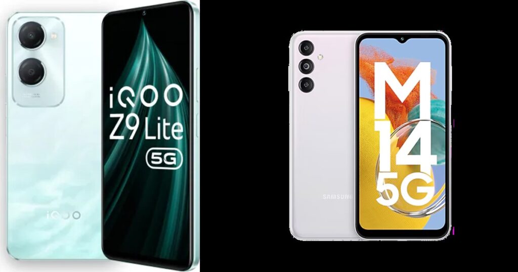 Side-by-side view of Samsung Galaxy M14 5G and iQOO Z9 5G smartphones with AI and 5G features