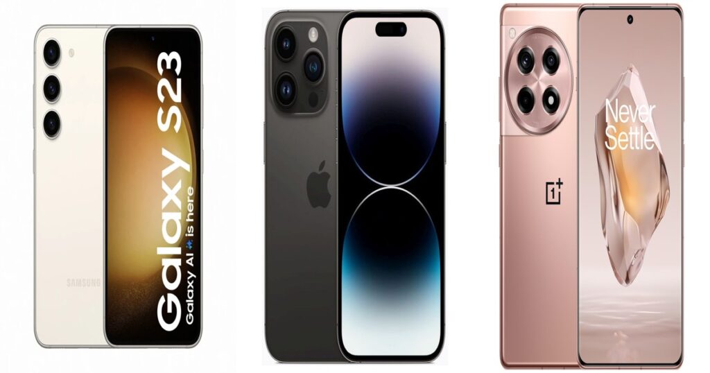 Samsung Galaxy S23, iPhone 14 Pro, and OnePlus 12R smartphones side-by-side for flagship comparison