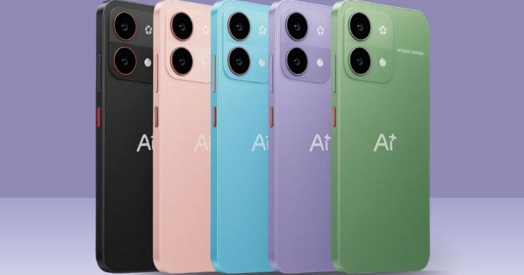 "Lineup of colorful smartphones highlighting advanced AI-enabled performance and processors"