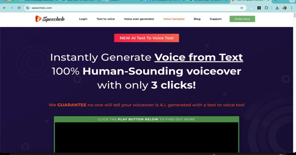 Speechelo homepage showcasing AI voiceover generation from text