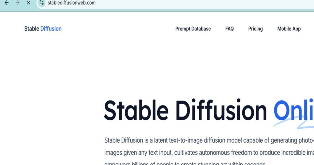"Stable Diffusion AI tool homepage for text-to-image generation"