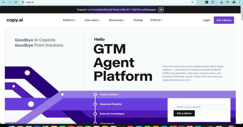 Copy.ai homepage showing AI-powered GTM content creation and campaign automation platform