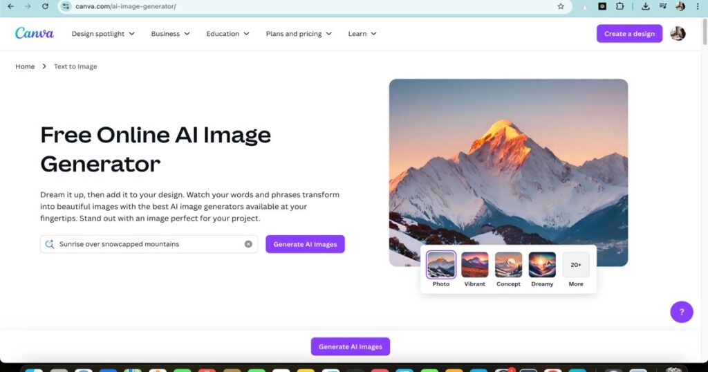 Canva AI image generator homepage showing free online tool for creating visuals from text prompts