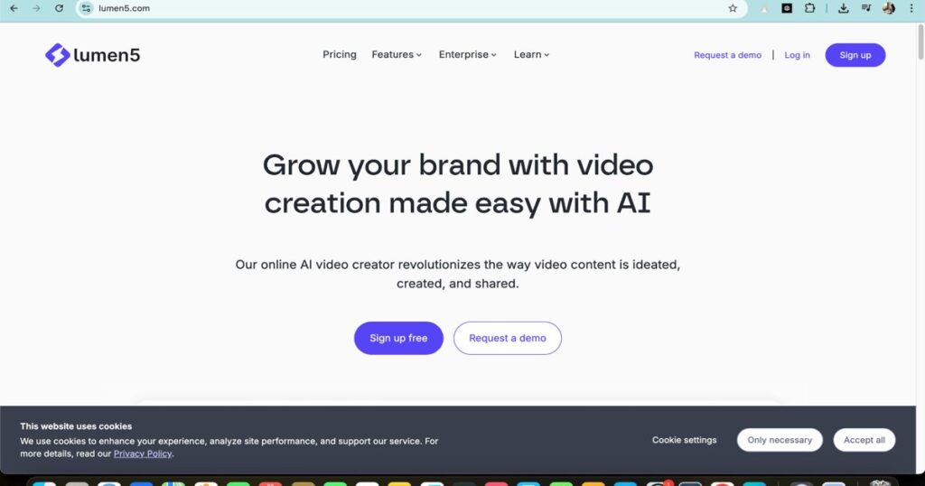 Lumen5 homepage showcasing AI-powered video creation platform for marketing and branding