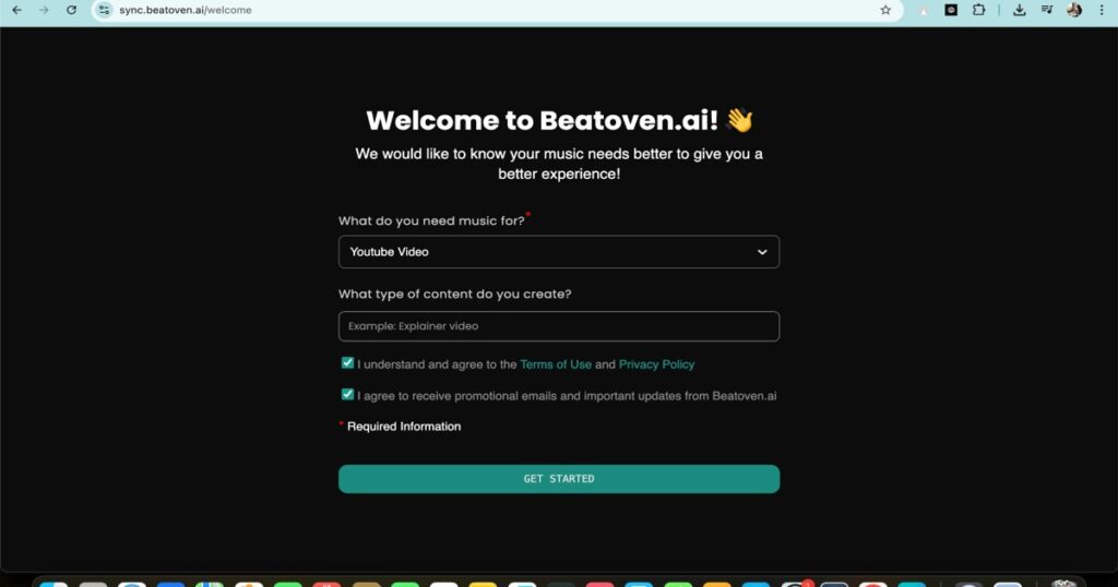 Beatoven.ai signup screen asking users about music needs and content type for personalized music creation