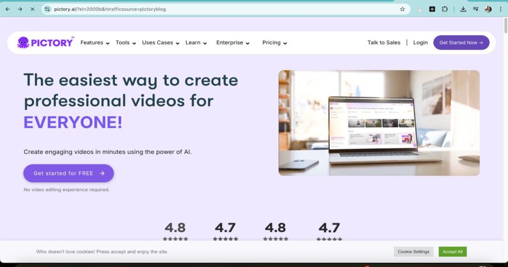 Pictory AI website homepage showing an interface for creating professional videos using AI tools.