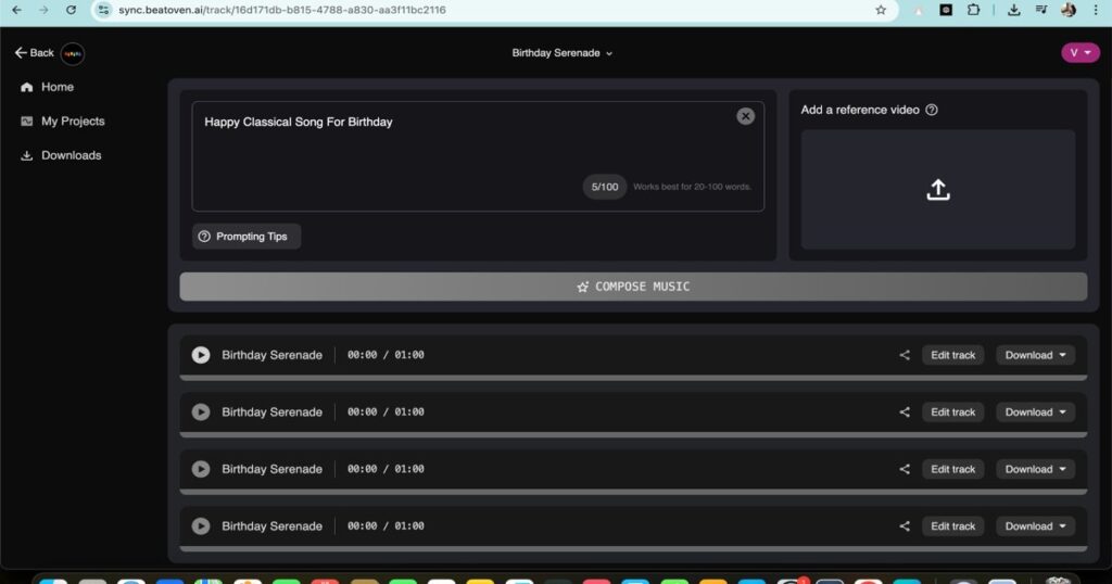 Beatoven.ai compose music interface showing timeline options, track titles, and download buttons for AI-generated background music