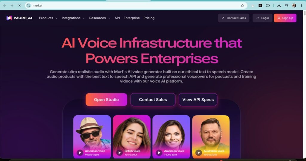 Homepage of Murf AI voice generator platform showcasing voice selection and studio interface for AI voiceovers.