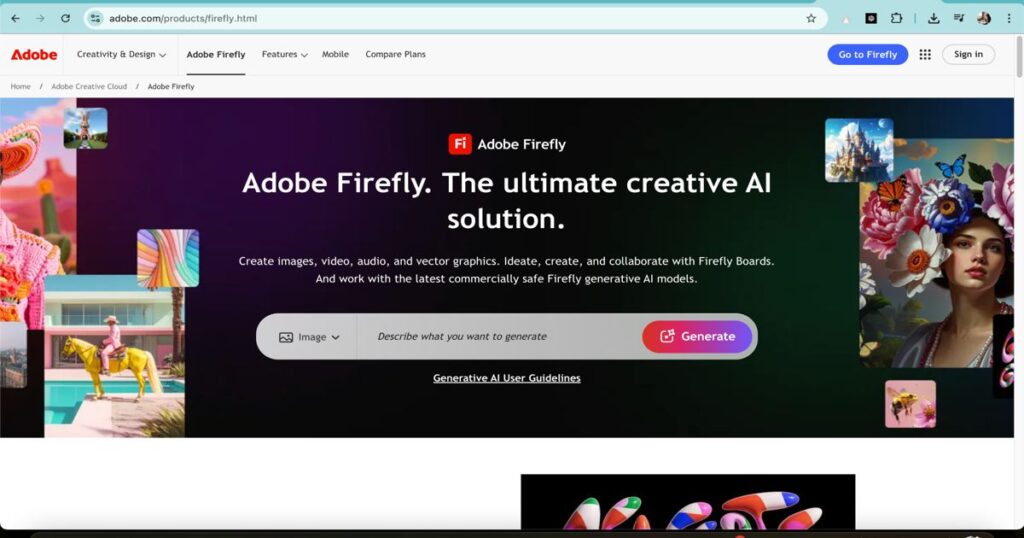 Adobe Firefly homepage showcasing AI tools for generating thumbnails, titles, and video content design.