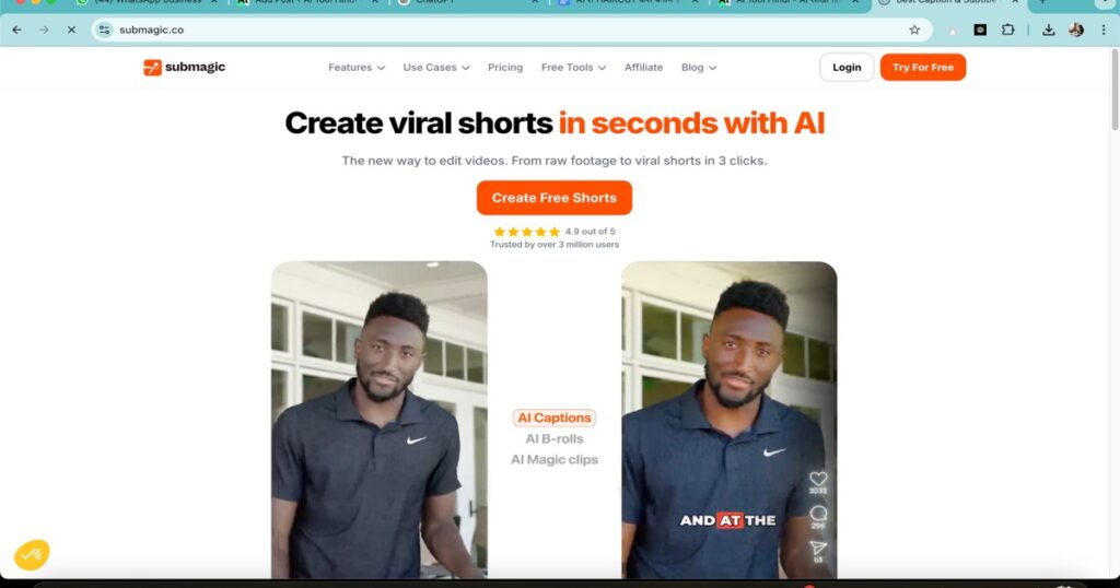 Submagic AI homepage showing automatic captions for video content