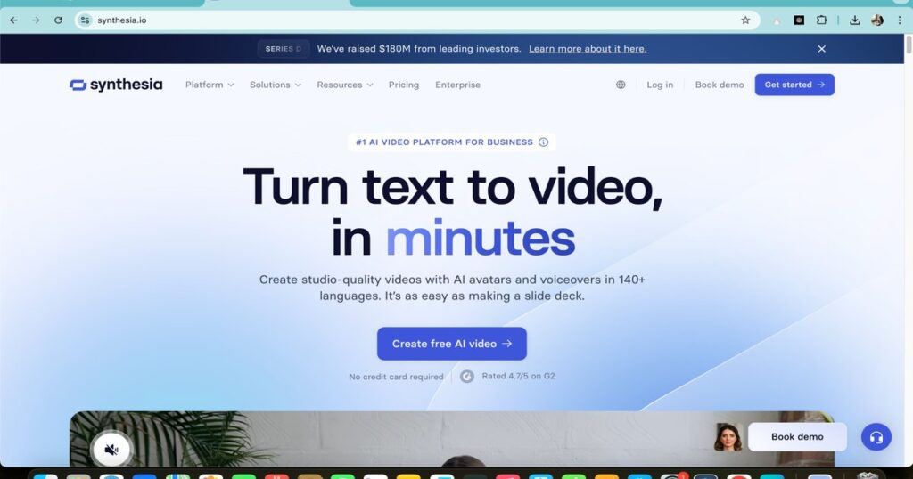 Synthesia.io homepage showing AI platform for turning text into videos using avatars and voiceovers.