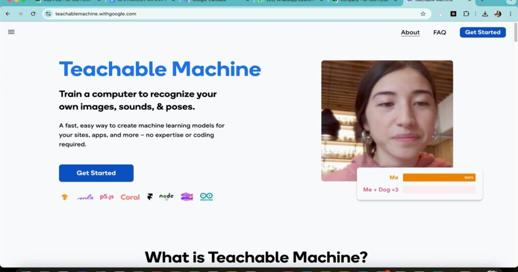 Teachable Machine homepage showing image recognition training interface