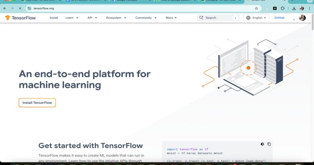 TensorFlow interface homepage showing AI and machine learning platform