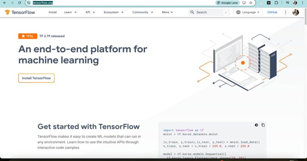 "TensorFlow homepage showing end-to-end machine learning platform interface"