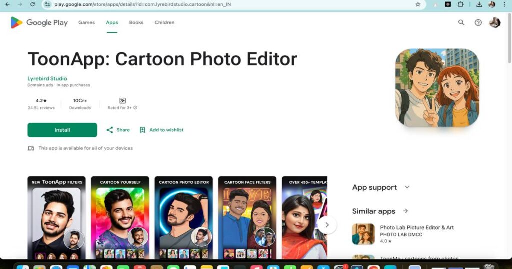 "ToonApp AI cartoon photo editor app interface on Google Play Store with anime-style previews"