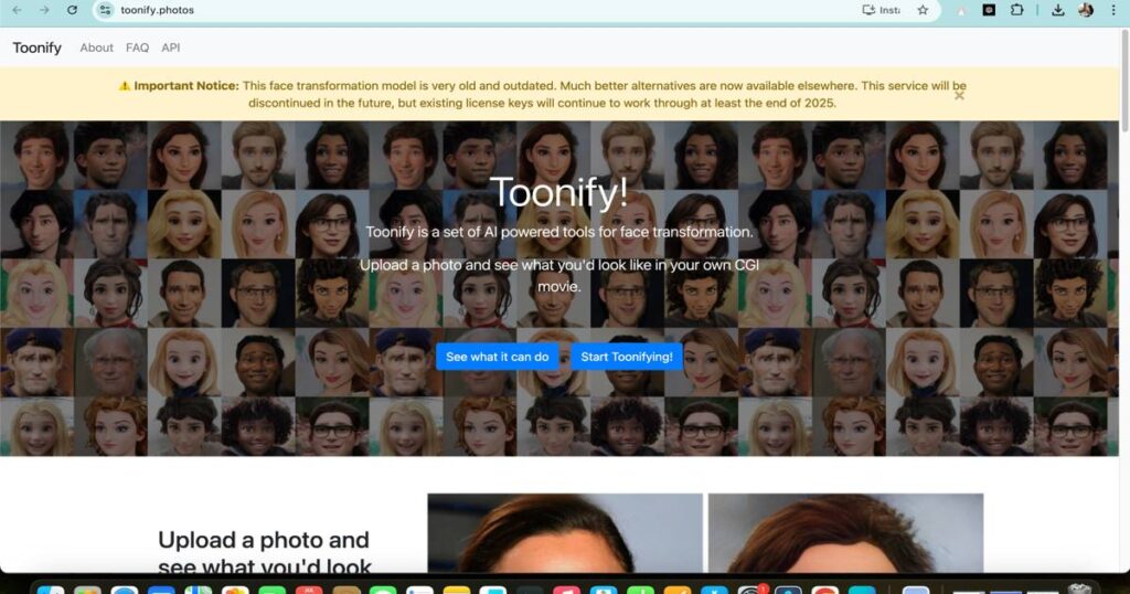 "Toonify AI tool interface for converting normal video or photo into cartoon style animation"