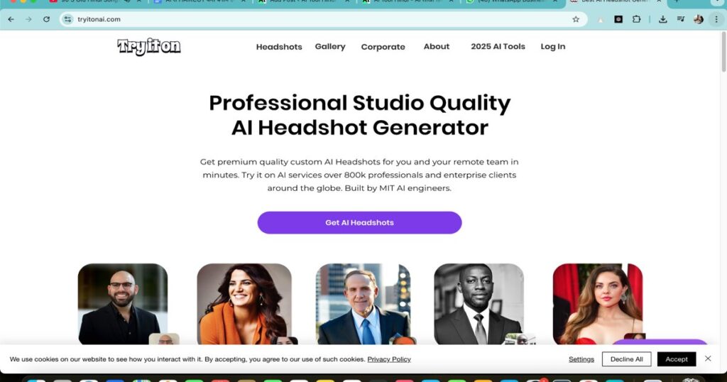 "TryItOn AI homepage showcasing professional AI headshot and dress change features"