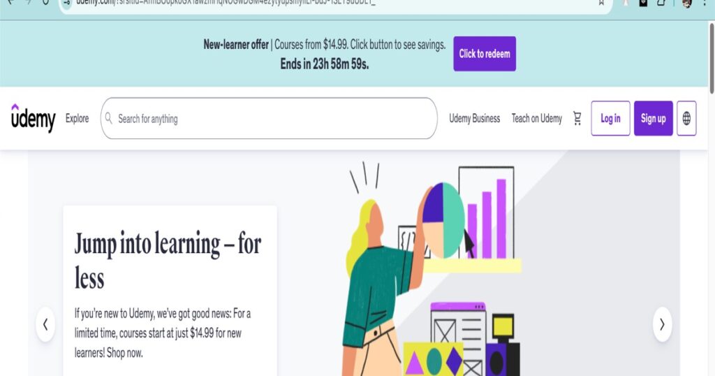 Udemy online learning platform homepage offering affordable AI and tech courses"