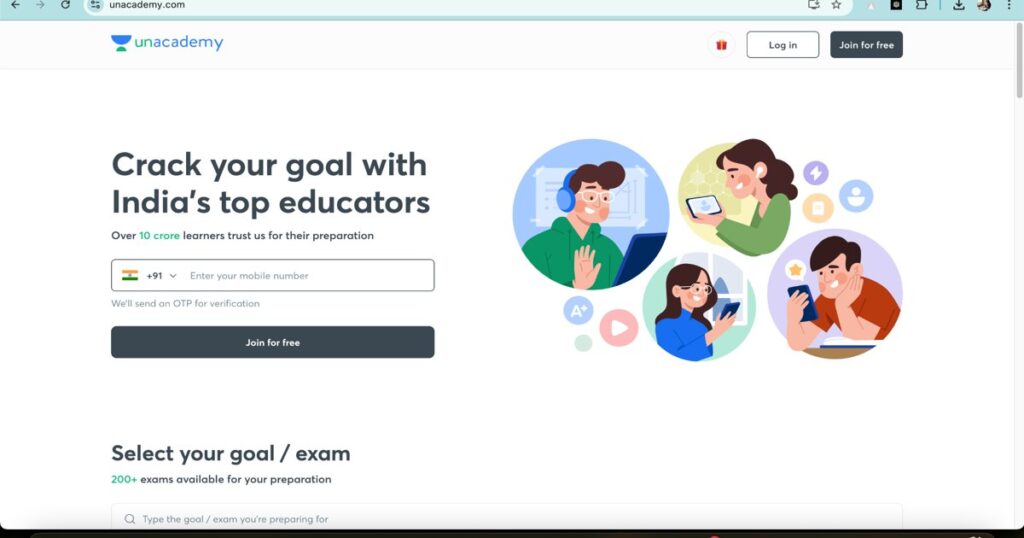 Unacademy homepage showcasing AI-powered online learning for Indian students