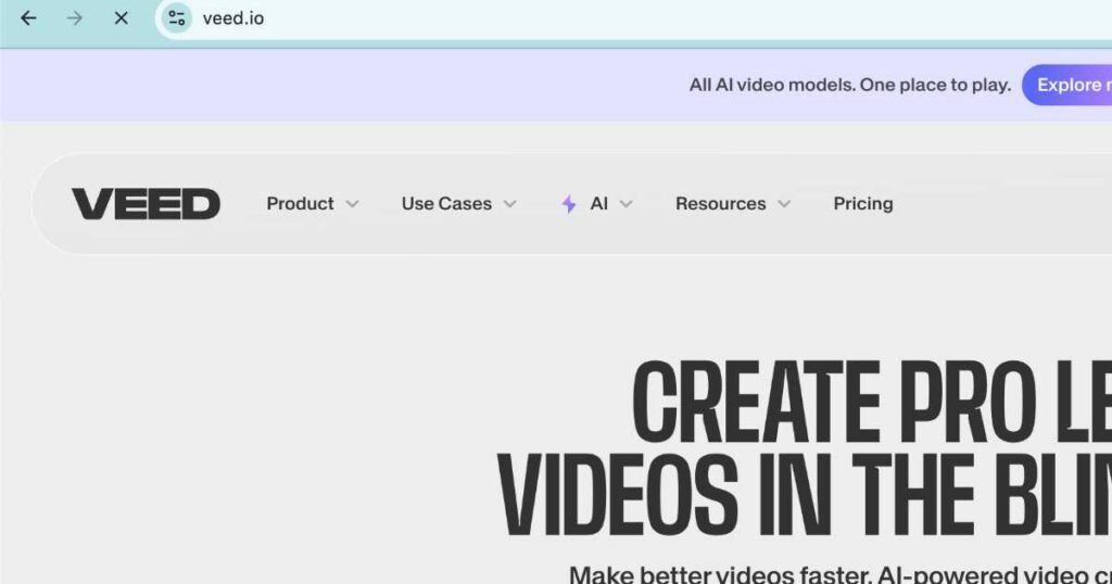 Veed.io website interface showcasing AI-powered video creation and auto subtitle features