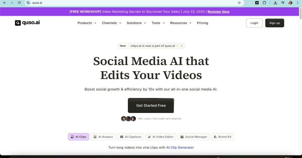 Quso.ai homepage showing Vidyo.ai video editing features for social media growth