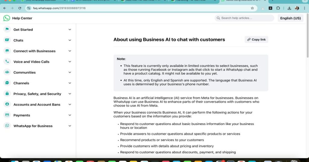 Alt Text: WhatsApp Business AI interface showing chatbot and automated customer support feature