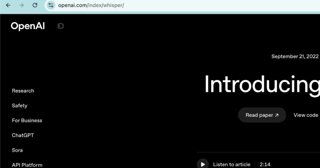 Whisper by OpenAI homepage showing AI-powered speech-to-text and transcription features