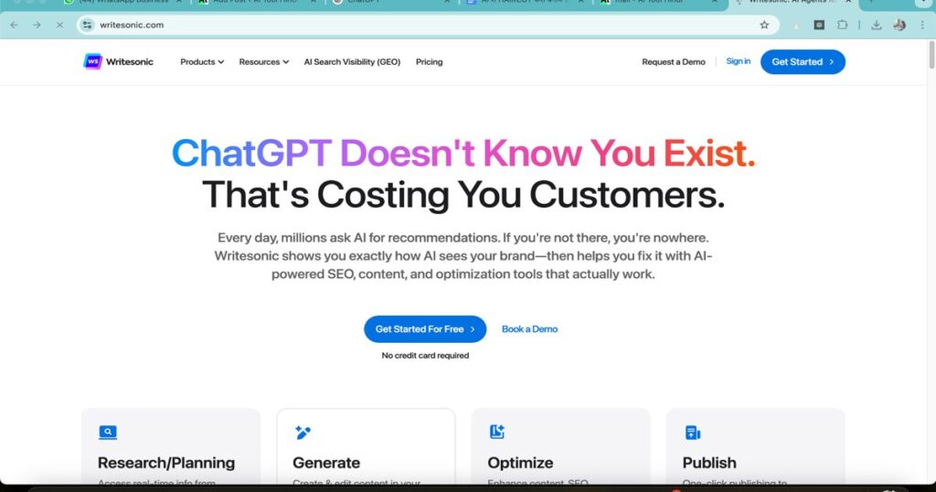"Writesonic AI platform homepage for email writing and SEO content creation"